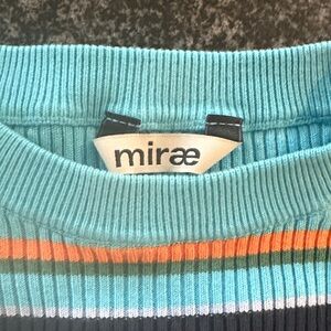 Mirae Paris Ribbed Striped Knit Top. Crewneck-aqua, black, orange & pink. Small